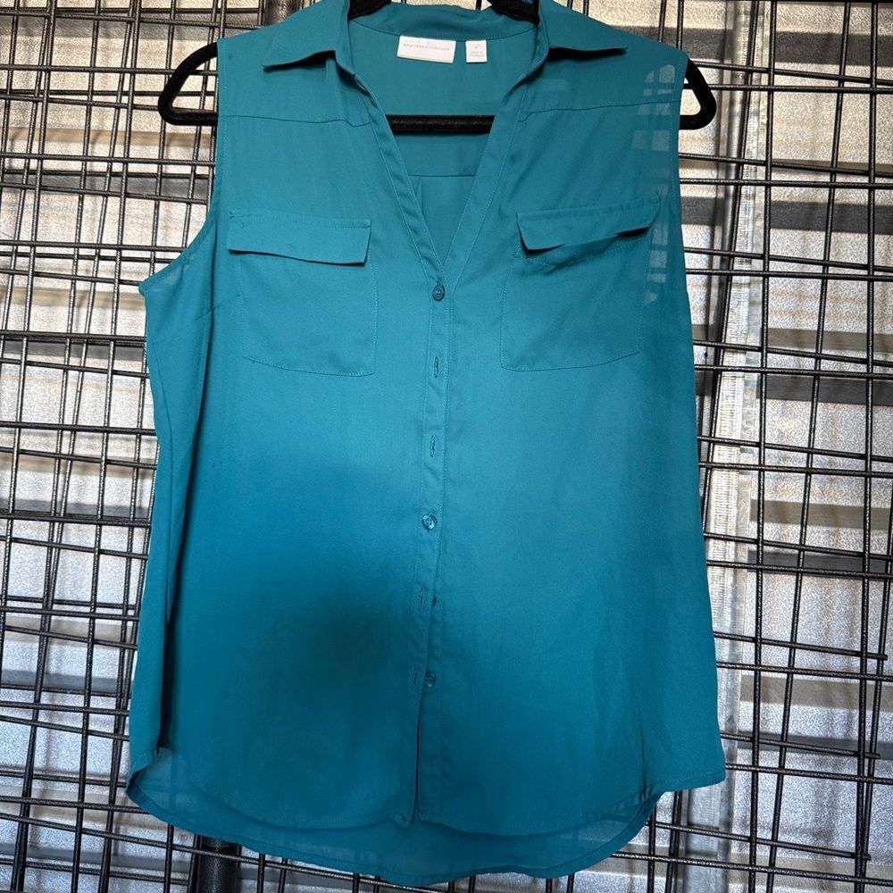 4/$25 New York company Sleeveless Button-Front Blouse - Teal medium m chiffon A5